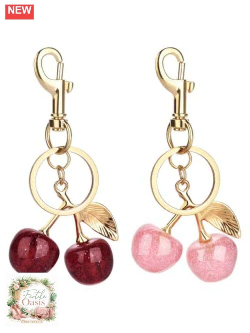2 Pack Cherry Keychain Bag Charm Gold Glitter Resin Metal Split Ring Purse